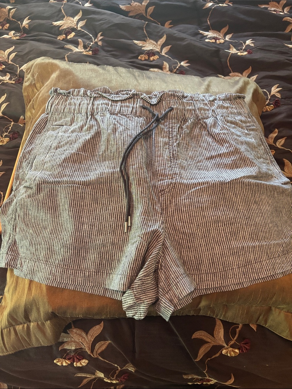 LOFT Striped High-Waist Drawstring Shorts in Black and White